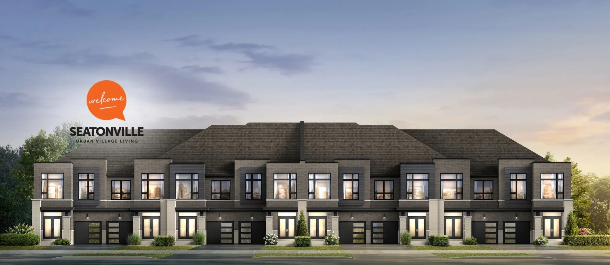 Artist's concept of ARISTA's contemporary Seatonville freehold townhome streetscape at dusk