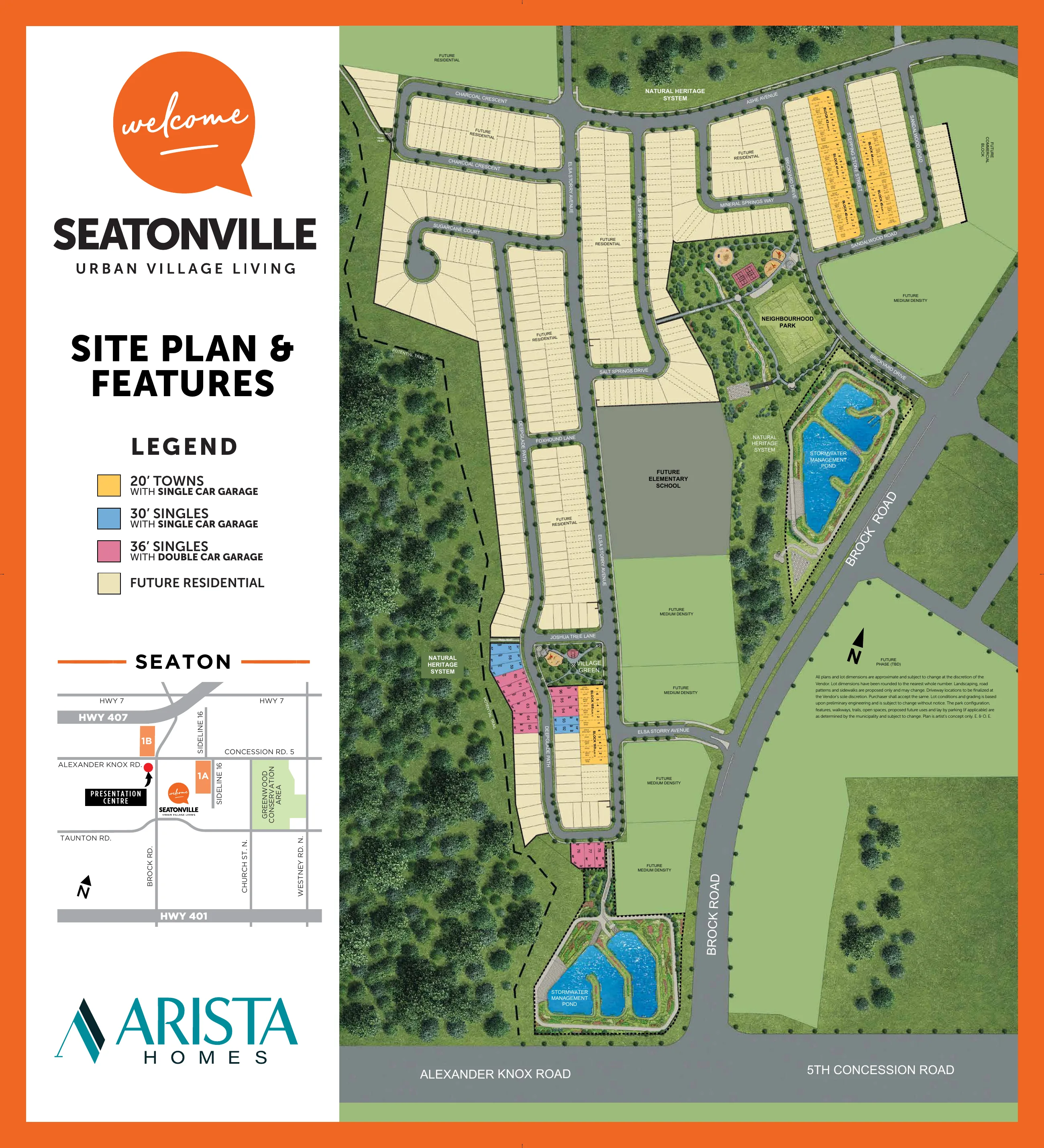 ARISTA Seatonville Phase 1B site plan showing 20-foot towns, 30-foot and 36-foot singles near Brock Road and Alexander Knox Road